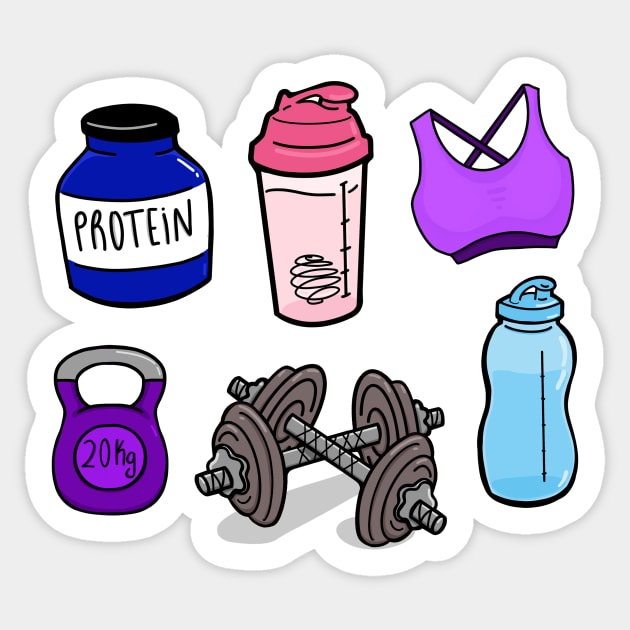 Gym Essentials Protein, Shaker, Bra, Kettlebell, Dumbbell, Water bottle Sticker by SusanaDesigns